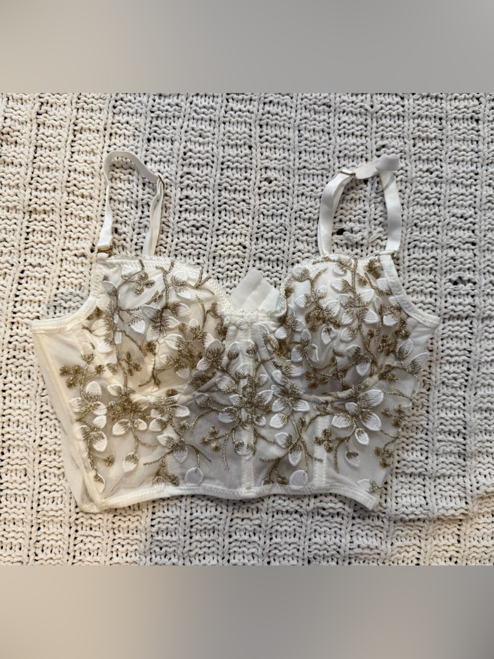 Embroidered Floral Lace Corset Top in White and Gold